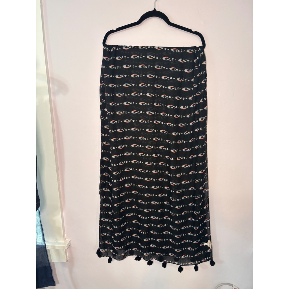 Aerie Womens Scarf One Size Black Ikat Print Tassel Trim Boho Eclectic Wrap